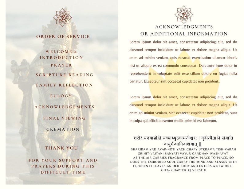 Minimalist Hindu Funeral Program Krishna Theme With Photo Inserts. Easy