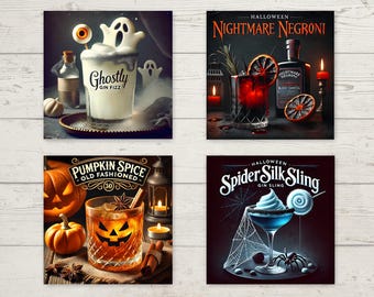 Spooky Halloween Coasters, Hardboard Coasters, Ghosts, Pumpkins, Drink Coasters, Halloween Decor, Fall Coaster Gift Set, Halloween Coasters