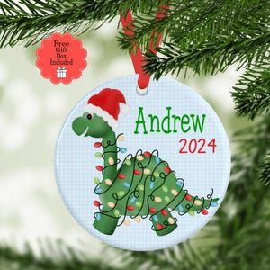 Personalized Christmas Ornament, Dinosaur with Christmas Lights, Child Ornament, Custom Christmas Ornament, Keepsake Christmas Ornament