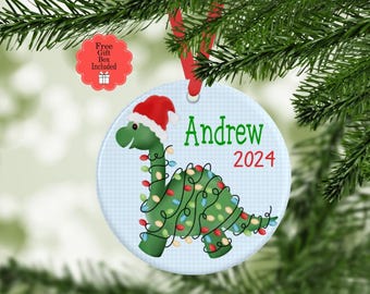 Personalized Christmas Ornament, Dinosaur with Christmas Lights, Child Ornament, Custom Christmas Ornament, Keepsake Christmas Ornament