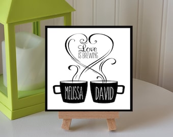 Coffee Bar Sign, Coffee Lover's Gift, Personalized Love is Brewing Sign, Coffee Sign, Ceramic Tile, Coffee Bar Decor, Shower Gift, Coffee