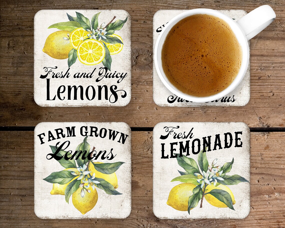 Lemon Farmhouse Coasters Lemon Coasters Wooden Coasters Etsy