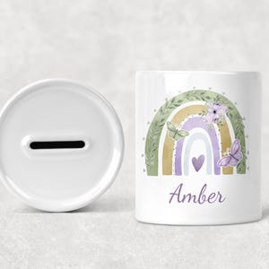 Custom Name Piggy Bank, Rainbow with Heart, Gift for Her, Personalized Coin Bank, Piggy Bank, Nursery Decor, Kids Piggy Bank, Baptism Gift