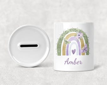 Custom Name Piggy Bank, Rainbow with Heart, Gift for Her, Personalized Coin Bank, Piggy Bank, Nursery Decor, Kids Piggy Bank, Baptism Gift
