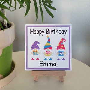 Happy Birthday Gnome Sign, Personalized Ceramic Tile Sign with Easel, Birthday Gift, Gnome Sign, Gnome Birthday Sign, Girl Birthday Sign