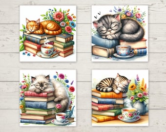 Cat and Books Coasters, Cat Lovers, Book Lover Gift, Cat Mom Coasters, Gift for Readers, Bookworms, Librarian Gift, Cat Mom, Bookish Gift