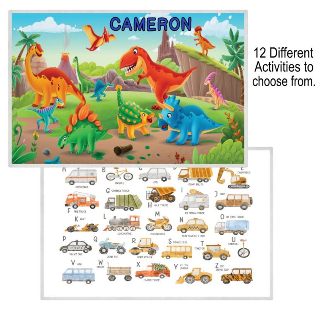 Personalized Kids Dinosaur Placemat, Kids Activity Placemat, Dinosaur ...