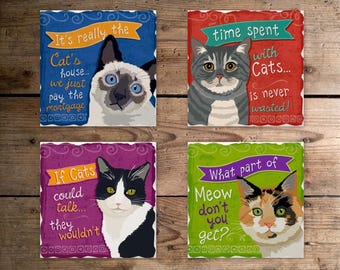 Cat Coasters, Coasters Set, Cat Mom Coasters, Funny Cat, Housewarming Gift, Cat Mom Gift, Cat Lover Gift, Hostess Gift, Wood Coasters