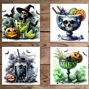 May include: Four square watercolor prints with a Halloween theme. Each print features a spooky cocktail or drink with Halloween elements like pumpkins, bats, skeletons, and spiders. The drinks are in various glasses and jars.