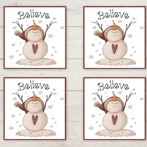 Believe Snowman Christmas Coasters, Christmas Coasters, Snowman Coasters, Snowman Decor, Christmas Gift, Holiday Coasters, Housewarming Gift