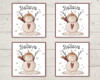 Believe Snowman Christmas Coasters, Christmas Coasters, Snowman Coasters, Snowman Decor, Christmas Gift, Holiday Coasters, Housewarming Gift