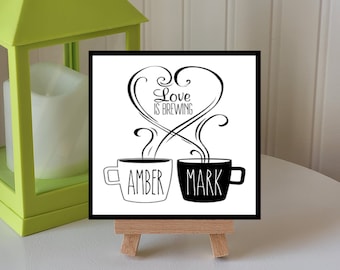 Coffee Bar Sign, Coffee Lover's Gift, Personalized Love is Brewing Sign, Coffee Sign, Ceramic Tile, Coffee Bar Decor, Wedding Gift, Coffee