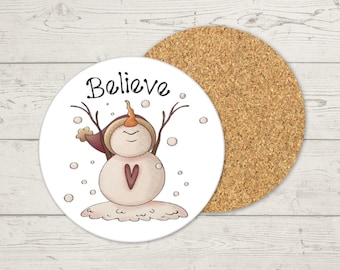 Believe Snowman Christmas Coasters, Christmas Coasters, Snowman Coasters, Snowman Decor, Christmas Gift, Holiday Coasters, Housewarming Gift