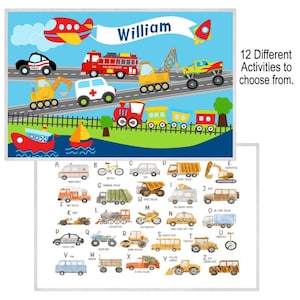 May include: A colorful alphabet chart featuring various vehicles, including a fire truck, police car, dump truck, and construction vehicles. The chart is designed for children and includes the letters A through Z with corresponding vehicle illustrations.