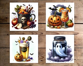 Spooky Halloween Coasters, Hardboard Coasters, Ghosts, Pumpkins, Drink Coasters, Halloween Decor, Fall Coaster Gift Set, Halloween Coasters