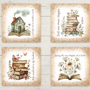 May include: Four square watercolor prints with a vintage aesthetic. Each features a stack of books with floral and butterfly accents. Text includes "Currently lost in another world," "Just one more chapter," "My weekend is all booked," and "Living life one chapter at a time."