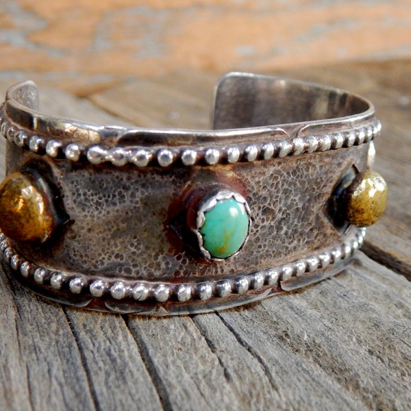 RESERVED FOR RENEE Native American Apache Style Sterling and Brass Stud Cuff Bracelet with Turquoise Stones