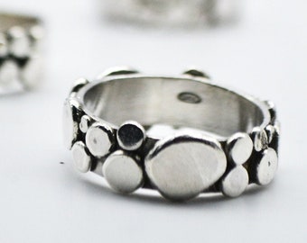 Band Silver Organic Ring with Recycled  Silver Nuggets, handcrafted Band Ring made to order