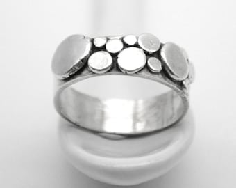 Band Silver Organic Ring with Recycled  Silver Nuggets, handcrafted Band Ring made to order