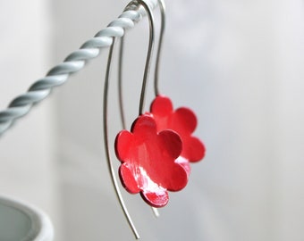 Flower Sterling Silver and copper dangle Earrings Red Patina,  Handmade in Italy , Made to Order jewel