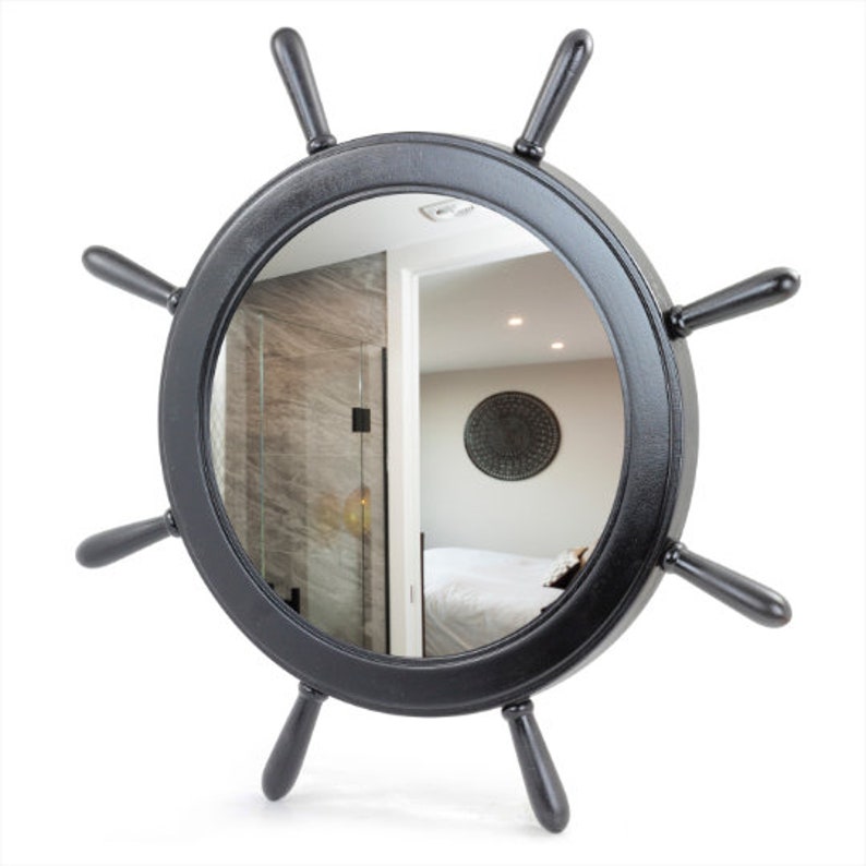 Large 42 Matte Black Wooden Nautical Ship Wheel Mirror Etsy