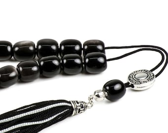 Black Obsidian Gemstone Greek Worry Beads Komboloi|Meander Metal Spacer