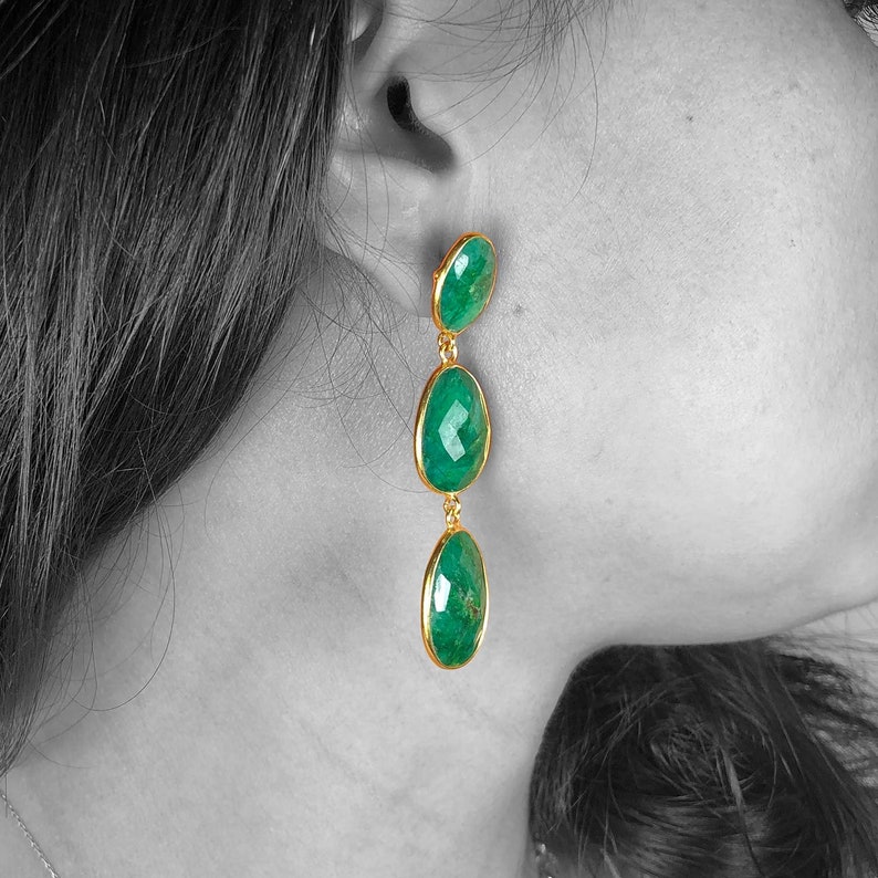 Faceted Green Root Emerald Push Back Dangle Drop Earrings 14k Gold Plated