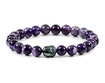Amethyst Hematite Buddha Gemstone Stretch Bracelet | Men & Women's Unisex Stress Relieve Beads