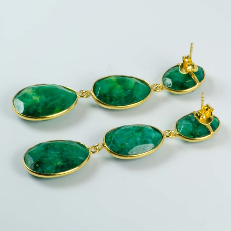 Faceted Green Root Emerald Push Back Dangle Drop Earrings 14k Gold Plated