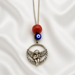 Little Angel Greek Evil Eye Car Charm: Red Coral Rear View Mirror Hanger