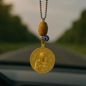 St. Christopher Car Charm: Olive Wood, Greek Evil Eye, St. Mary