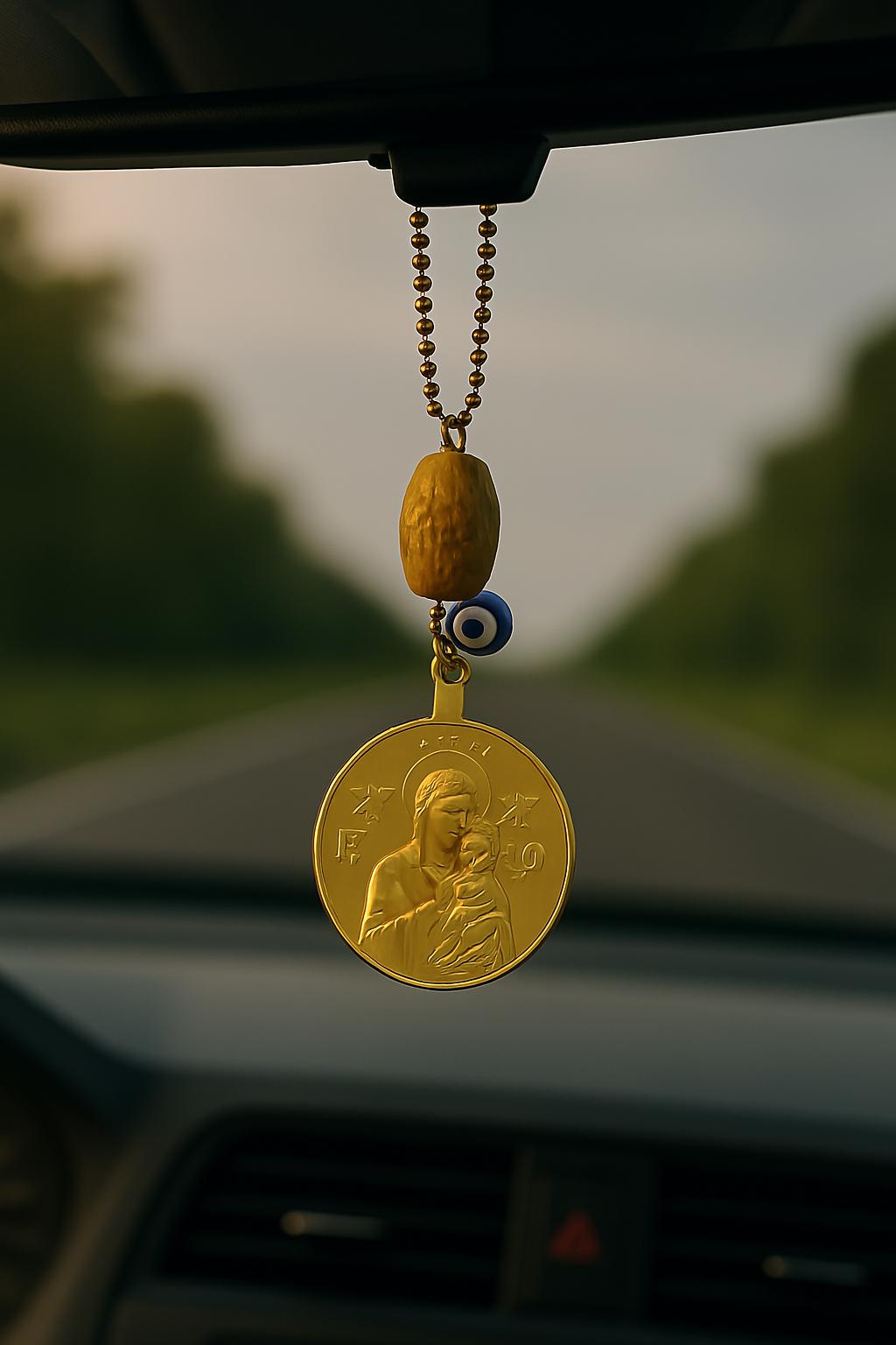 Car Accessories St Christopher Greek Evil Eye Olive Kernel Car Rear View Mirror Hangers Auto Travel Charm Golden St. Mary Car Gift Religious