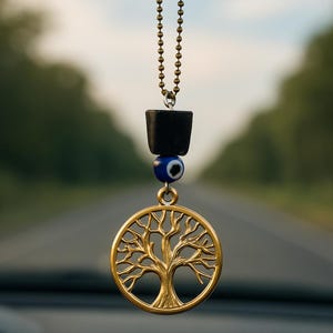 Black Tourmaline Car Charm: Golden Tree of Life, Greek Evil Eye