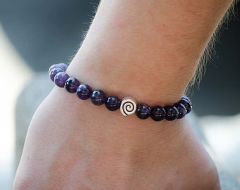 Natural Amethyst Gemstone | Handmade Stretch Bracelet | Men & Women's Unisex Stress Relieve| Greek Spiral Symbol