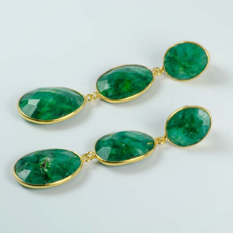 Faceted Green Root Emerald Push Back Dangle Drop Earrings 14k Gold Plated