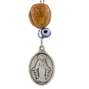 Virgin Mary Car Rear View Mirror Hanger: Nutmeg Bead, Greek Evil Eye Charm