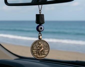 Car Accessories St Christopher Greek Evil Eye Black Tourmaline Car Rear View Mirror Hangers Auto Travel Charm St. Mary Car Gift Religious