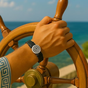 Handmade Black Leather Bracelet: Sterling Silver Greek Spiral Symbol