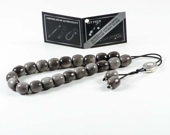 Gray Obsidian Gemstone Worry Beads Greek Komboloi | Meander Silver Spacer