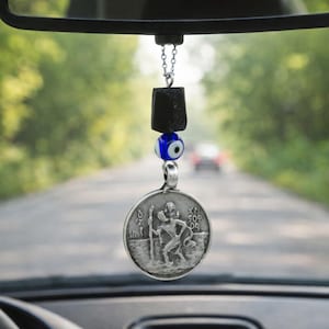 St Christopher Car Charm: Black Tourmaline, Greek Evil Eye, Auto Rear View Mirror Hanger