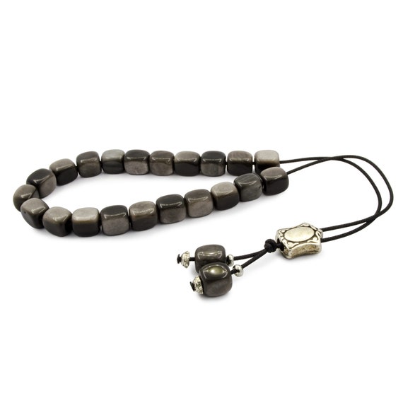 Small Black-silver Beads Obsidian Greek Komboloi Worry Beads 9x8mm