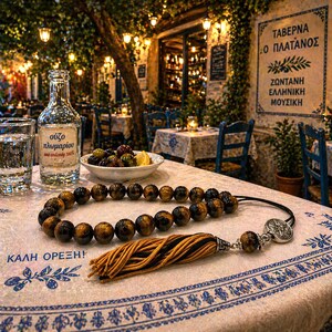 K&ouml;nnte beinhalten: Ein Tisch in einem Restaurant im Freien zeigt eine Flasche Ouzo, ein Glas Wasser, Oliven und eine Perlenkette mit Quaste. Die Tischdecke hat ein blau-wei&szlig;es Blumenmuster. Ein Schild auf Griechisch ist sichtbar.