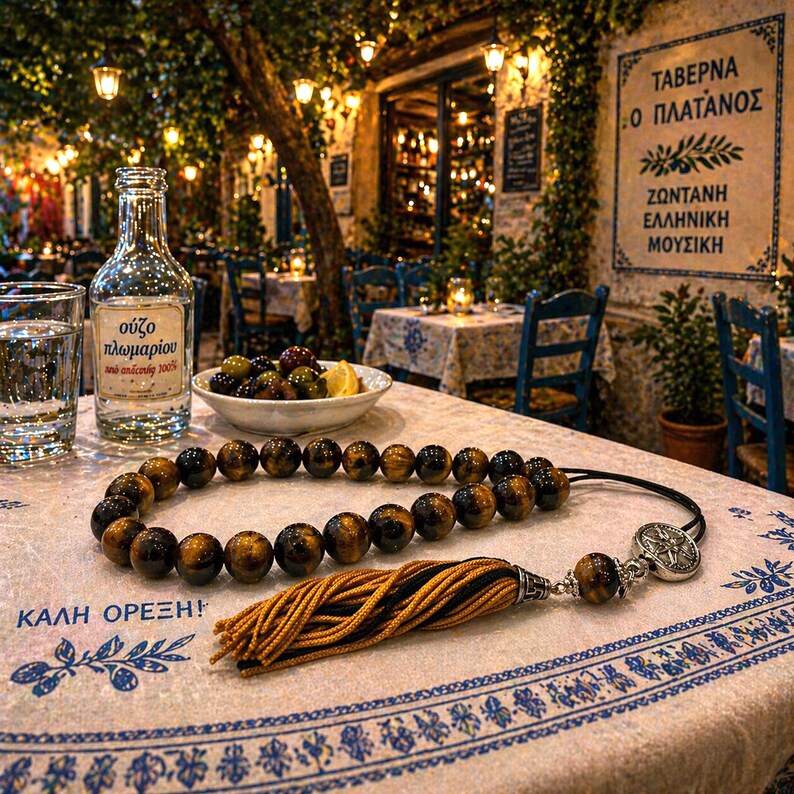 K&ouml;nnte beinhalten: Ein Tisch in einem Restaurant im Freien zeigt eine Flasche Ouzo, ein Glas Wasser, Oliven und eine Perlenkette mit Quaste. Die Tischdecke hat ein blau-wei&szlig;es Blumenmuster. Ein Schild auf Griechisch ist sichtbar.
