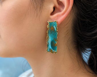 Tides of Time – Handmade Patina Brass Statement Earrings, Verdigris Rectangle Earrings, Contemporary Artisan Jewelry, Modern Gift for Her
