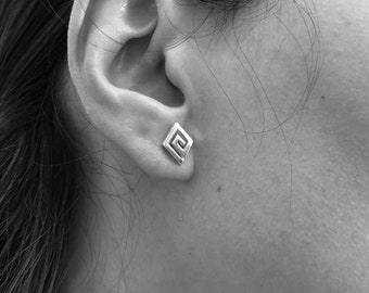 Greek Meander Symbol of Victory and Unity Sterling Silver 925 Push back Earrings
