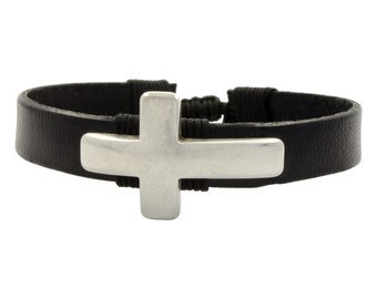 Unisex Black Leather Cross Bracelet: Adjustable Friendship Jewelry
