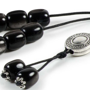 Black Obsidian Gemstone Greek Worry Beads Komboloi|Meander Metal Spacer Stress Relieve Beads Anxiety Beads