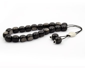 Black Obsidian Gemstone Greek Worry Beads Komboloi|Metal Spacer|13x11mm