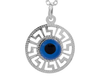 Sterling Silver 925 Blue Greek Evil Eye Necklace|Good Luck Charm Pendant