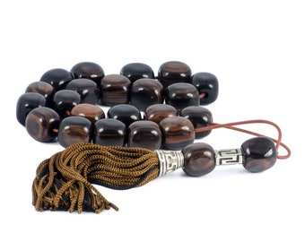 Brown Obsidian Greek Worry Beads Komboloi|Meander Silver Spacer